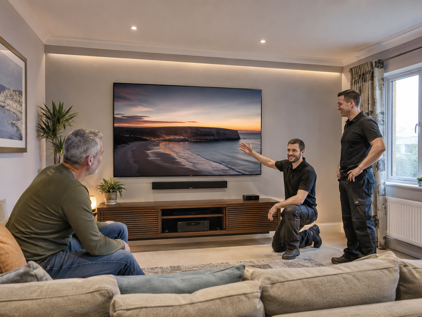 TV installer positioning a television on a media unit in a Dorset home
